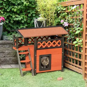 Buy PawHut Cat House Outdoor Kitten Shelter Puppy Kennel with Balcony Stairs Asphalt Roof, 77 x 50 x 73 cm, Brown
