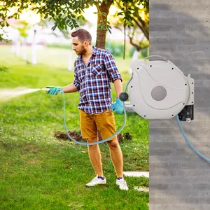 Buy Outsunny Retractable Hose Reel w/ Any Length Lock, Auto Rewind Slow Return System, and 180В&deg; Swivel Wall Mounted Bracket, 10m+1.6m