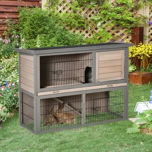 Buy PawHut Rabbit Hutch Bunny Cage Small Animal House with Sliding Tray, Run, Openable Top, Ramp, for Indoor Outdoor, Grey 108x45x78 cm