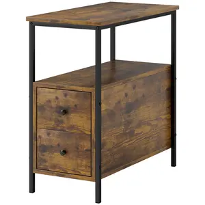 Buy Side Table, Narrow Bedside Table with 2 Drawers and Storage Shelf, Industrial End Table with Metal Frame for Small Spaces, Rustic Brown