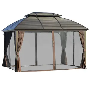 Buy Outsunny 3.65 x 3(m) Hardtop Steel Gazebo Canopy for Patio Heavy Duty Outdoor Pavilion with Aluminum Alloy Frame, Double Roof, Brown
