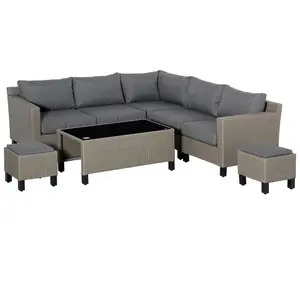 Buy Outsunny 8 PCS Outdoor PE Rattan Sofa Set, Patio All Weather Wicker Conservatory Corner Sofa Furniture, w/Tempered Glass Coffee Table & Cushions, Grey