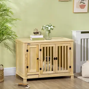 Buy PawHut Dog Crate Furniture with Drawer Bowl, Wooden Dog Cage with Storage Cushion for Small Dogs, Natural