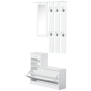 Buy 2PC Shoes Storage Chest Cloths Rack Unit w/Mirror Multiple Shelves Large Storage Capacity Shoes Cabinet 6 Hooks Cloth Rack White