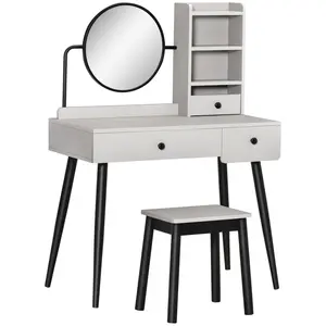 Buy Dressing Table Set with Mirror and Stool, Vanity Makeup Table with 3 Drawers and Open Shelves for Bedroom, Living Room, Grey