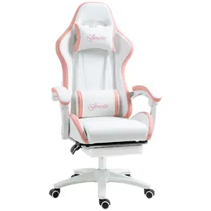 Buy Computer Gaming Chair, PU Leather Desk Chair with Footrest, Swivel Task Chair with 135&deg; Reclining Back and Lumbar Support, PC Chair for Adults, White and Pink