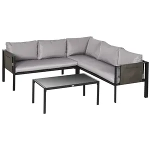 Buy 5 Seater Garden Corner Sofa Set, 4 Pieces Metal Garden Furniture Set with Loveseats, Glass Top Coffee Table, Breathable Mesh Pocket, Outdoor Conversation Furniture with Cushions, Light Grey