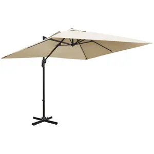Buy 2.7 x 2.7 m Cantilever Parasol, Square Overhanging Umbrella with Cross Base, Crank Handle, Tilt, 360° Rotation and Aluminium Frame, Cream White