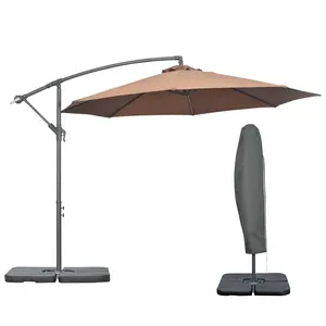 Buy 3(m) Garden Banana Parasol Cantilever Umbrella with Crank Handle, Cross Base, Weights and Cover for Outdoor, Hanging Sun Shade, Coffee