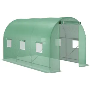 Buy 3.5 x 2m Walk-In Polytunnel Greenhouse, with Steel Frame, PE Cover, Roll-Up Door and 6 Windows, Green