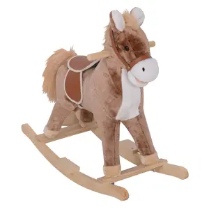 Buy Kids Children Plush Rocking Horse Wooden Base Ride On Toy Rocker with Handle Grip Traditional Toy Fun Gift for Age 3+ (Brown & White)