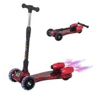 Buy Kids Scooter, 3 Wheel Foldable Kick Scooter Adjustable Height w/ Flashing Wheels, Music, Water Spray for 3-6 Years, Red