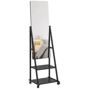 Buy Free Standing Dressing Mirror, Rolling Full Length Mirror on Wheels with Adjustable Angle, Storage Shelves for Bedroom