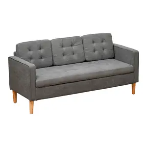 Buy Modern 3 Seater Sofa with Hidden Storage, 169cm Tufted Cotton Couch with Wood Legs, Compact Sofa for Living Room, Grey