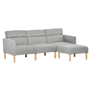 Buy L Shape Sofa Bed Set, Linen Fabric Corner Sofa Bed with Rubber Wood Legs and Footstool, Light Grey