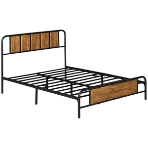 Buy 4.8ft Double Bed Frame with Industrial Wood Headboard, Steel Slat Support and 25.5cm Underbed Storage Space, 145 x 199cm, Rustic Brown
