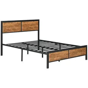 Buy Industrial Double Bed Frame, 5FT Steel Bed Base with Headboard, Footboard, Slatted Support and Under Bed Storage, 147 x 197cm, Rustic Brown