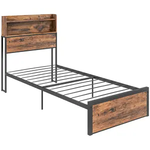 Buy Industrial Single Bed Frame, 3.1FT Steel Bed Base with Storage Headboard, Footboard, Slatted Support and Under Bed Storage, 95 x 209cm, Rustic Brown
