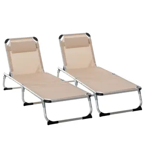 Buy 2 Pieces Foldable Outdoor Sun Lounger with Pillow, 5-Level Adjustable Reclining Lounge Chair, Aluminium Frame Camping Bed Cot, Khaki