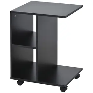 Buy C-Shape End Table Unique Storage Unit w/ 2 Shelves 4 Wheels Freestanding Home Furniture Cabinet Square Black