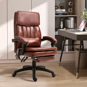 Buy High Back Office Chair, Gaming Recliner Chair with Footrest, 7 Massage Points, Adjustable Height, Reclining Back, PU Leather, Brown
