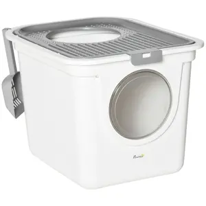 Buy Cat Litter Box, Pet Toilet, Enclosed Kitten Pan with Front Entrance Top Exit, High Side, Scoop, White