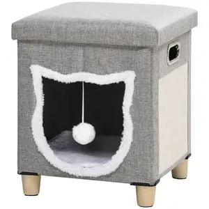 Buy Cat House Cave, Cat Bed Cube with Scratching Pad, Soft Detachable & Washable Cushion, Toy Ball, for Indoor Kittens, Grey