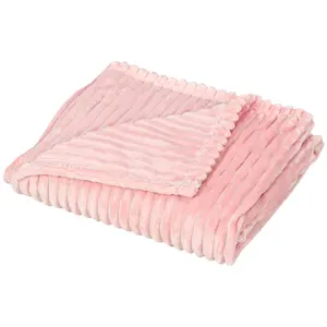 Buy Flannel Fleece Throw Blanket, Fluffy Warm Throw Blanket, Striped Reversible Travel Bedspread, Single Size, 152 x 128cm, Pink