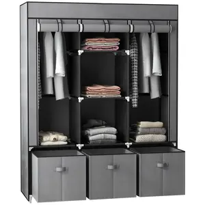 Buy Fabric Wardrobe for Bedroom, Portable Wardrobe with 5 Shelves, 2 Hanging Rails and 3 Fabric Drawers, Foldable Closet, 125 x 43 x 162.5cm, Dark Grey