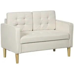 Buy Modern Loveseat Sofa, Compact 2 Seater Sofa with Hidden Storage, 117cm Tufted Cotton Couch with Wood Legs, Cream White