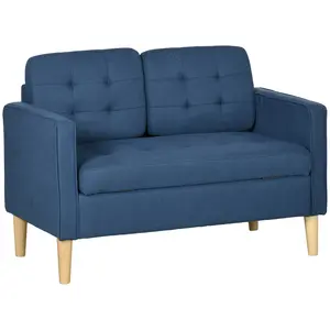Buy Modern Loveseat Sofa, Compact 2 Seater Sofa with Hidden Storage, 117cm Tufted Cotton Couch with Wood Legs, Blue