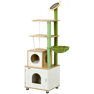 Buy PawHut Cat Tree with Cat Litter Box for Indoor Cats, Cat Enclosure with Scratching Post, Cat Condo, Hammock, Platforms, Removable Cushions, Oak
