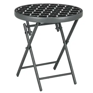 Buy 45cm Garden Side Table, Outdoor Round Folding Patio Table with Imitation Marble Glass Top, Small Coffee Table, Black and White