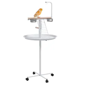 Buy Bird Stand with Four Wheels, Perches, Stainless Steel Feed Bowls, Round Tray, for Garden, Indoor, Outdoor - White