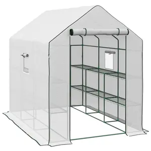 Buy Walk-in Greenhouse with 3 Tier 12 Shelves, Small Greenhouse with Reinforced PE Cover, Garden Plant Growhouse with Roll-up Door and Three Mesh Windows, 140 x 213 x 190 cm, White