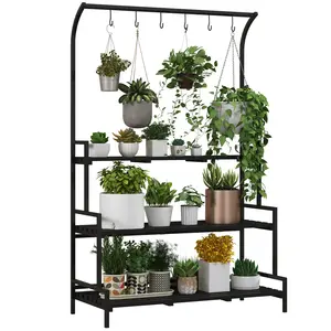 Buy 3 Tiered Plant Rack with Hanging Hooks, Tall Plant Stand for Indoor Outdoor Porch Balcony Use, Black