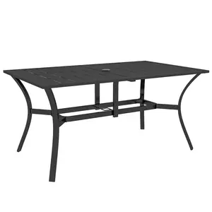 Buy Rectangle Garden Dining Table with Parasol Hole, Patio Table with Steel Frame and Slat Tabletop, 150cm x 90cm, Black