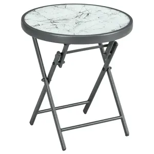 Buy 45cm Garden Side Table, Outdoor Round Folding Patio Table with Imitation Marble Glass Top, Small Coffee Table, White