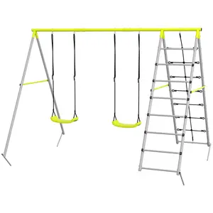 Buy Outsunny 4 in 1 Metal Garden Swing Set with Double Swings Climber Climbing Net Green