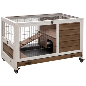 Buy Wooden Guinea Pig Hutch, 2-Floor Bunny Cage w/ Enclosed Run Area, Brown
