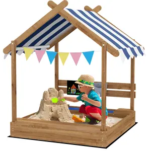Buy House-Designed Wooden Sandbox, Outdoor Sandpit, with Blackboard, Toys, Sink, Seats, Flags, for Ages 3-7 Years - Brown