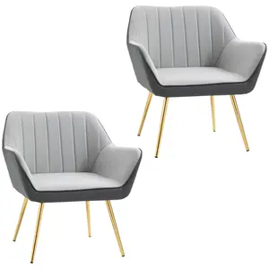 Buy Velvet Armchairs, Upholstered Accent Chairs with Golden Steel Legs, Modern Vanity Chairs for Living Room and Bedroom, Set of 2, Light Grey