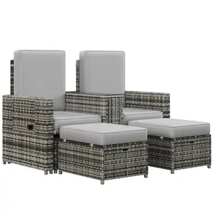 Buy Rattan Sun Lounger w/ Storage Tea Table & Footstools, Grey