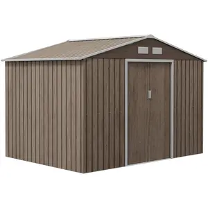 Buy 9 x 6ft Steel Garden Shed, Outdoor Storage Tool House with Vents, Foundation and Lockable Double Doors, Brown