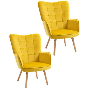 Buy Modern Accent Chair Velvet-Touch Tufted Wingback Armchair Upholstered Leisure Lounge Sofa Club Chair with Wood Legs, Set of 2, Yellow