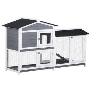 Buy Wooden 2-Tier Rabbit Hutch w/ Tray Ramp Grey