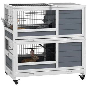 Buy Double Deckers Guinea Pig Cage, Indoor Rabbit Hutch with Feeding Trough, Trays, Ramps, Openable Top - Grey