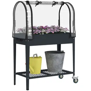 Buy Raised Planter with Greenhouse Cover, Mobile Elevated Garden Bed with Wheels and Bottom Shelf for Vegetables, Dark Grey