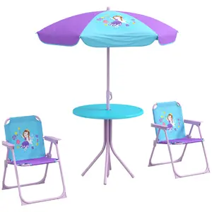 Buy Kids Picnic Table and Chair Set, Fairy Themed Outdoor Garden Furniture w/ Foldable Chairs, Adjustable Parasol