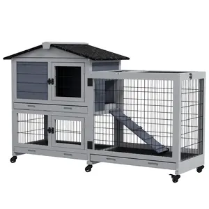 Buy Portable Rabbit Cage, Rabbit Hutch with Run, Wheels, Three Slide-Out Trays, Ramp, Openable Top for Outdoor Indoor - Grey